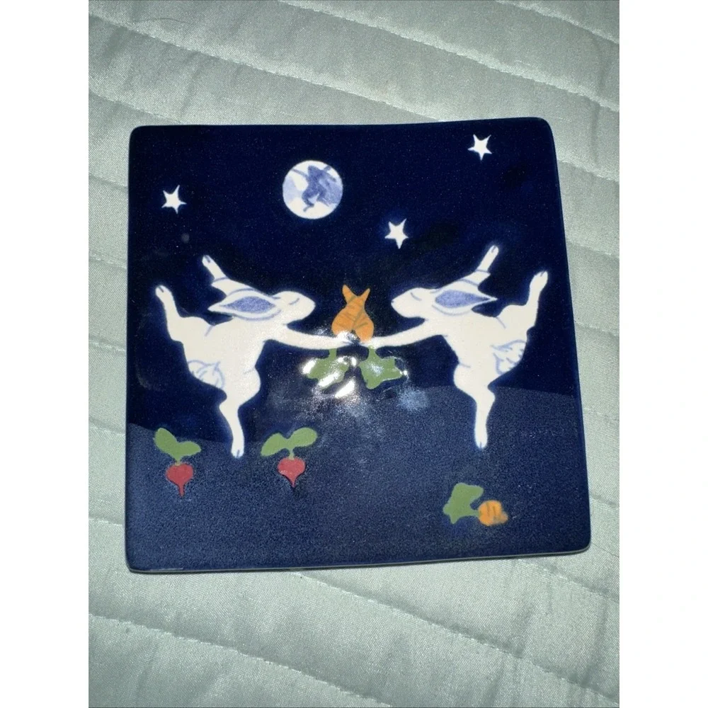Karen Howell Ceramic Tile Trivet Dancing Rabbit Cobalt Blue Moon 2/4